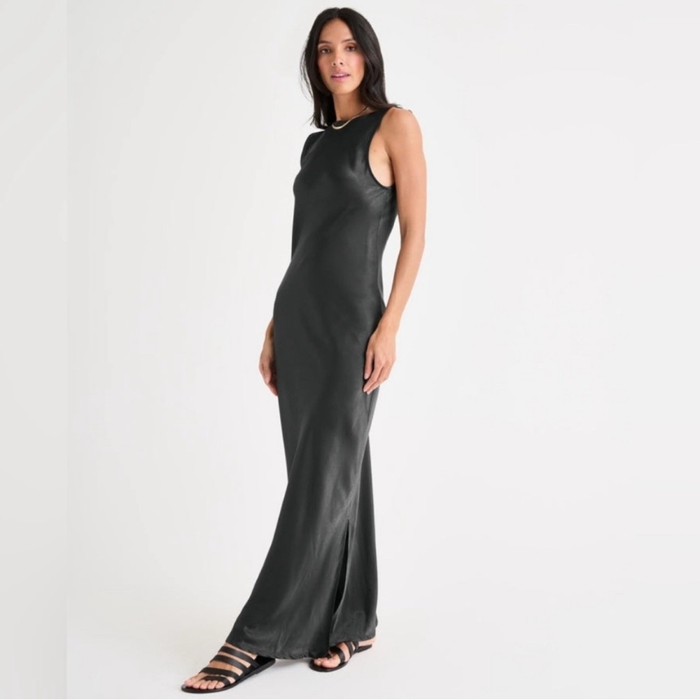 New! Splendid X Rachelove Black Satin Open Back Boatneck Maxi Dress Size Small